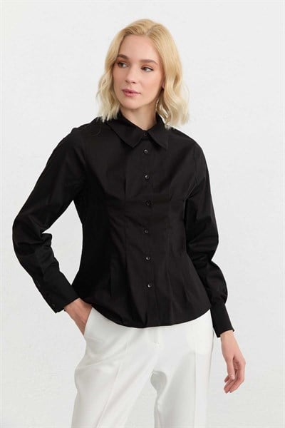 Çift Pensli Koton Gömlek  /  SİYAH