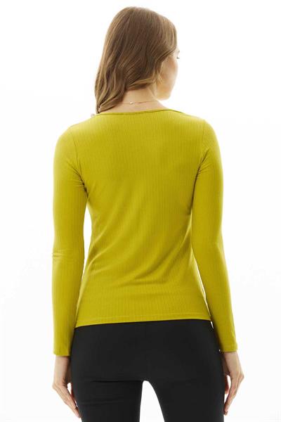 Degaje Yaka Uzun Kol Çizgili Penye Bluz  /  SARI