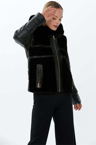 Deri Kombinli Kapüşonlu Kaban  /  SİYAH