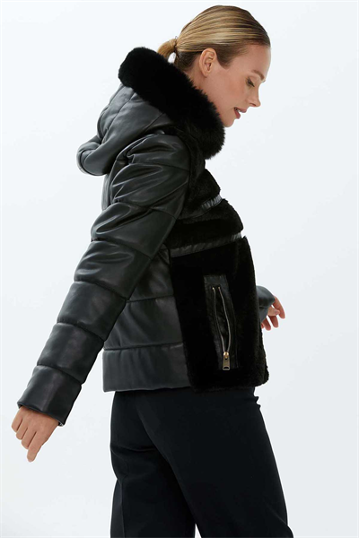 Deri Kombinli Kapüşonlu Kaban  /  SİYAH