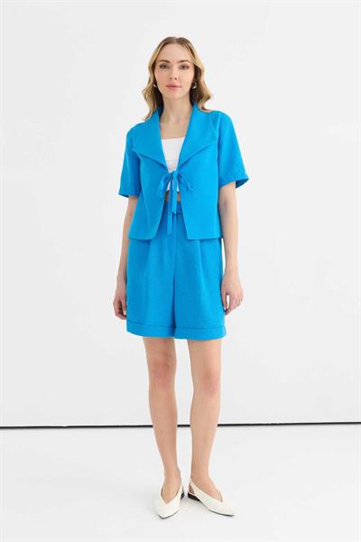 Devrik Yaka Önü Bağlamalı Kısa Kol Ceket  /  MAVİ