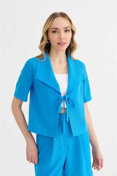 Devrik Yaka Önü Bağlamalı Kısa Kol Ceket  /  MAVİ