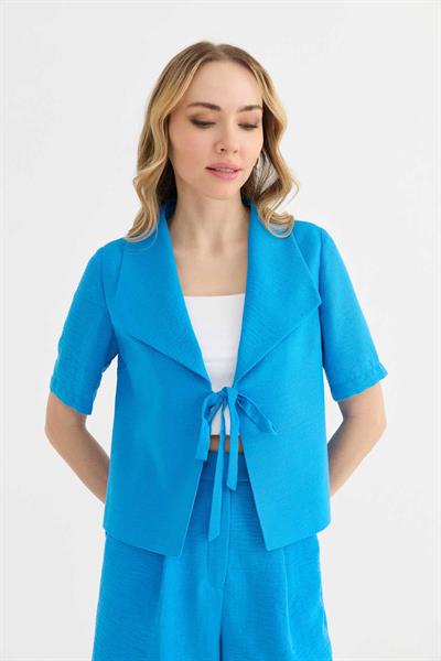 Devrik Yaka Önü Bağlamalı Kısa Kol Ceket  /  MAVİ