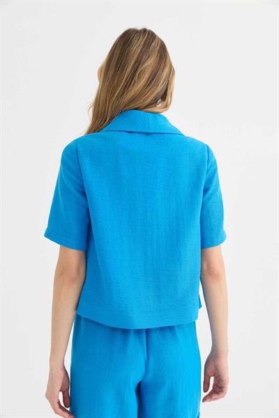 Devrik Yaka Önü Bağlamalı Kısa Kol Ceket  /  MAVİ