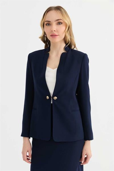 Dik Yaka Agraf Üstü Düğmeli Ceket  /  LACİVERT