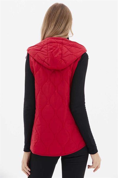Dik Yaka Kapüşonlu Çıtçıtlı Kapitone Yelek  /  KIRMIZI