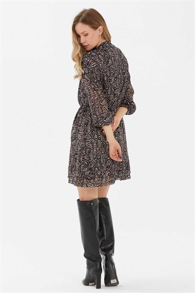 Dik Yaka Önü Düğmeli Beli Lastikli Emprime Elbise  /  SİYAH