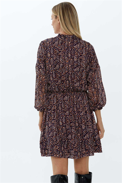 Dik Yaka Önü Düğmeli Beli Lastikli Emprime Elbise  /  MÜRDÜM