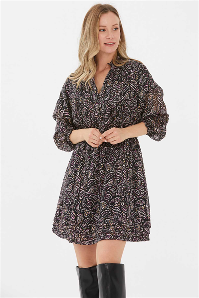 Dik Yaka Önü Düğmeli Beli Lastikli Emprime Elbise  /  SİYAH