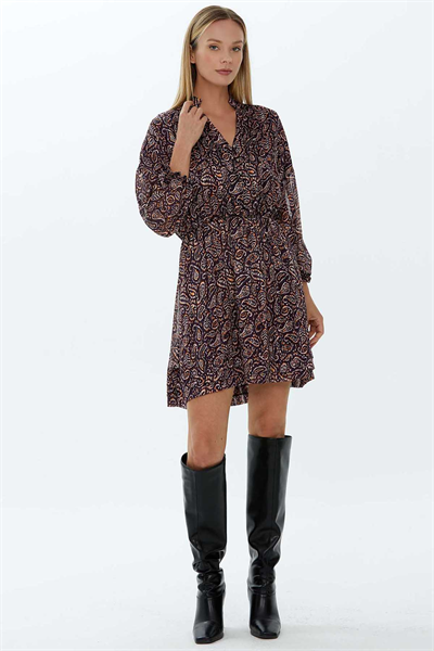 Dik Yaka Önü Düğmeli Beli Lastikli Emprime Elbise  /  MÜRDÜM