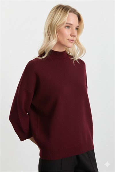 Dik Yaka Truvakar Kol Triko Bluz  /  BORDO