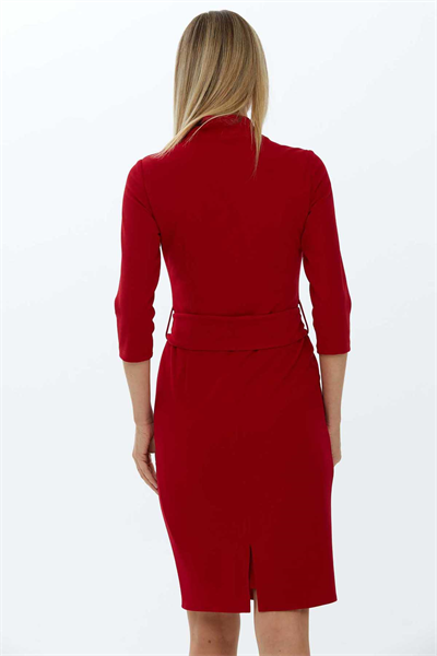 Dik Yaka Yakası Düğmeli Kemerli Elbise  /  KIRMIZI