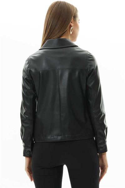 Dıştan Cep Dikişli Deri Ceket  /  SİYAH