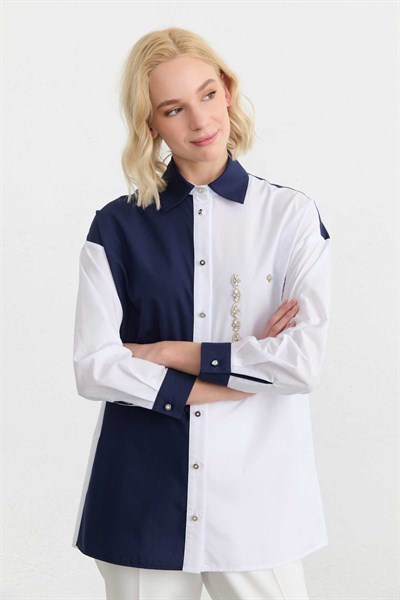 Düşük Kol Kombinli Cep Formu Taşlı Gömlek  /  BEYAZ-LACİ