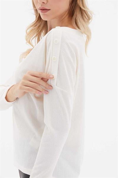 Düşük Kol Omuzları Düğmeli Triko Bluz  /  EKRU