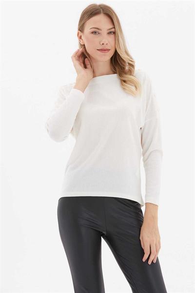 Düşük Kol Omuzları Düğmeli Triko Bluz  /  EKRU