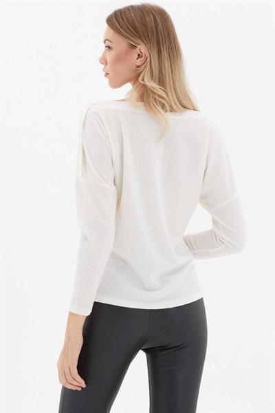 Düşük Kol Omuzları Düğmeli Triko Bluz  /  EKRU