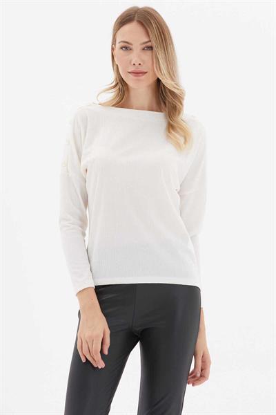 Düşük Kol Omuzları Düğmeli Triko Bluz  /  EKRU