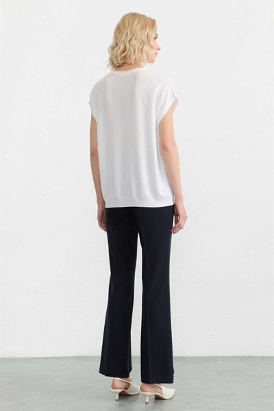 Düşük Kol Sıfır Yaka Triko Bluz  /  BEYAZ