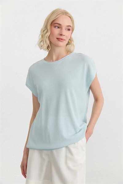 Düşük Kol Sıfır Yaka Triko Bluz  /  MAVİ