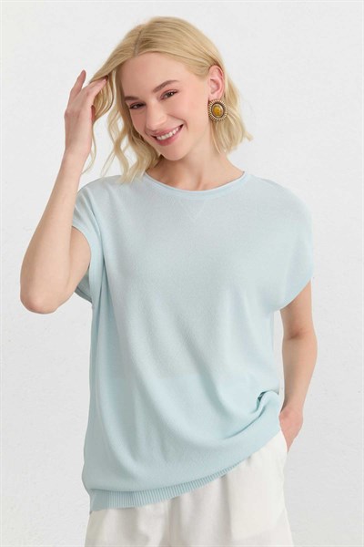 Düşük Kol Sıfır Yaka Triko Bluz  /  MAVİ