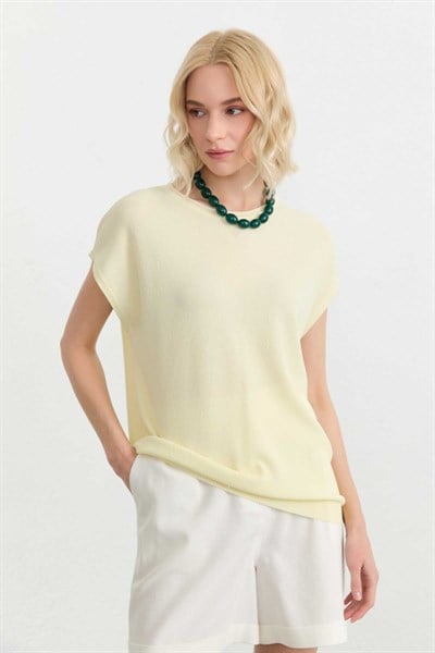 Düşük Kol Sıfır Yaka Triko Bluz  /  SARI