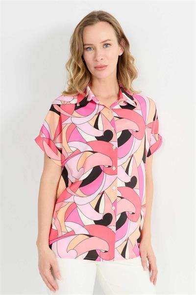 Düşük Kol Soyut Desen Bluz  /  MERCAN