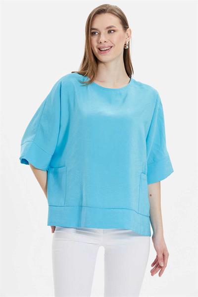 Düşük Kol Yanları Cepli Bluz  /  MAVİ