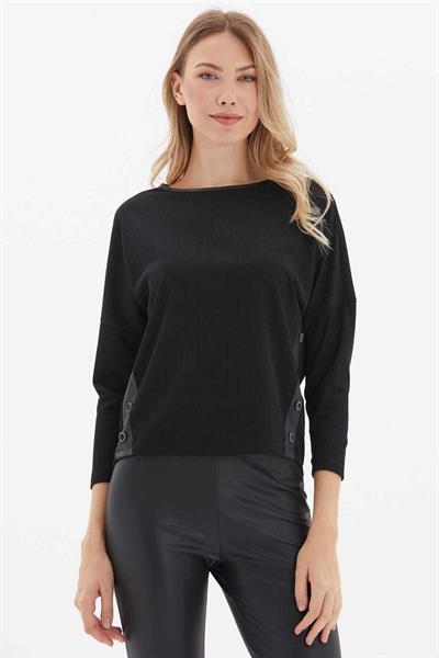Düşük Kol Yanları Düğmeli Triko Bluz  /  SİYAH