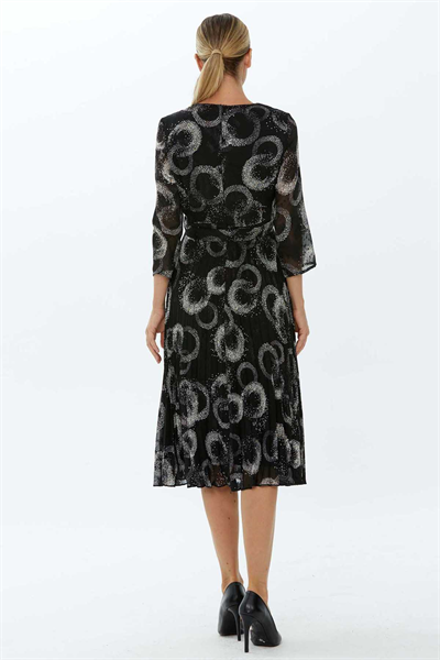Eteği Pliseli Kruvaze Daire Desenli Elbise  /  SİYAH