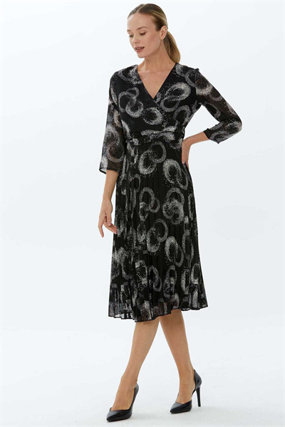 Eteği Pliseli Kruvaze Daire Desenli Elbise  /  SİYAH