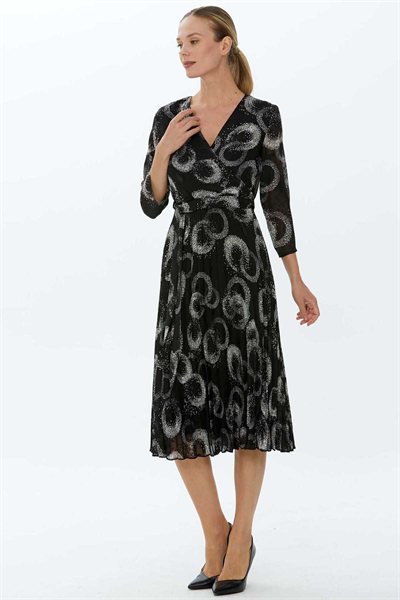 Eteği Pliseli Kruvaze Daire Desenli Elbise  /  SİYAH