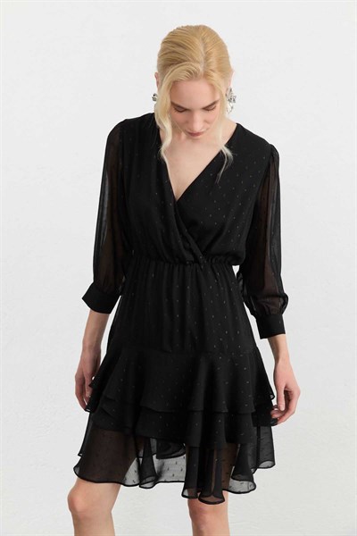 Eteği Üç Kat Volanlı Kendinden Simli Elbise  /  SİYAH