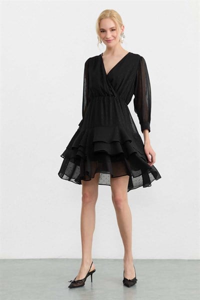 Eteği Üç Kat Volanlı Kendinden Simli Elbise  /  SİYAH