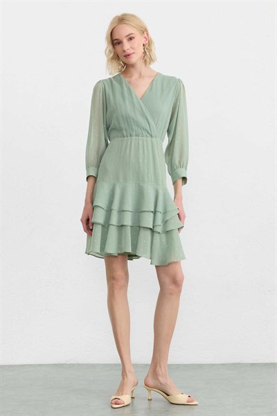 Eteği Üç Kat Volanlı Kendinden Simli Elbise  /  YEŞİL
