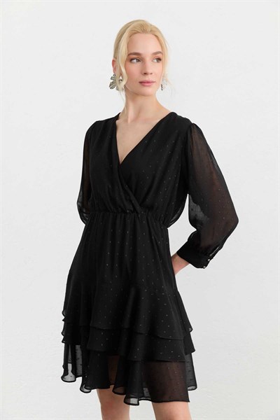 Eteği Üç Kat Volanlı Kendinden Simli Elbise  /  SİYAH