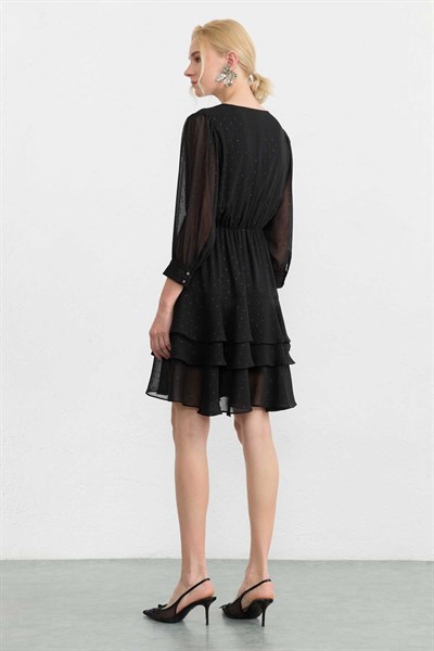 Eteği Üç Kat Volanlı Kendinden Simli Elbise  /  SİYAH