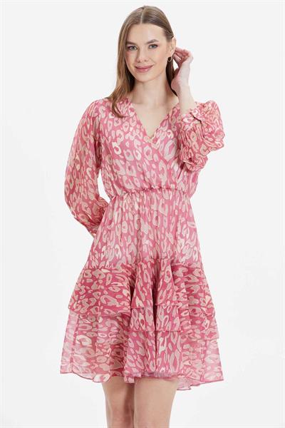 Eteği Üç Kat Volanlı Leopar Desen Elbise  /  PEMBE