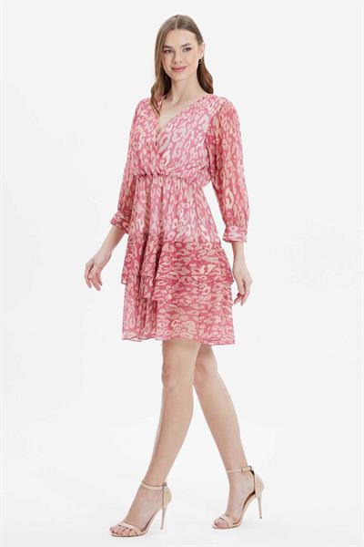 Eteği Üç Kat Volanlı Leopar Desen Elbise  /  PEMBE