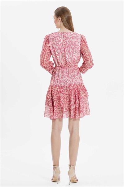 Eteği Üç Kat Volanlı Leopar Desen Elbise  /  PEMBE