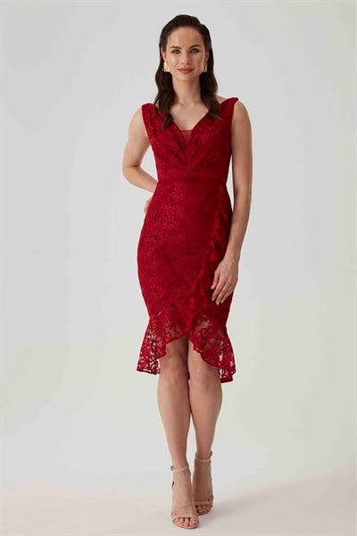 ETEĞİ VOLANLI DANTELLİ ELBİSE  /  BORDO