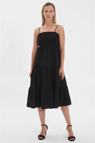 Eteği Volanlı Üstü Lastikli Askılı Elbise  /  SİYAH