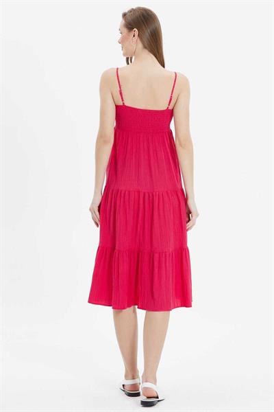 Eteği Volanlı Üstü Lastikli Askılı Elbise  /  FUŞYA