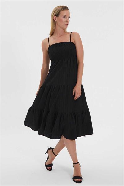 Eteği Volanlı Üstü Lastikli Askılı Elbise  /  SİYAH