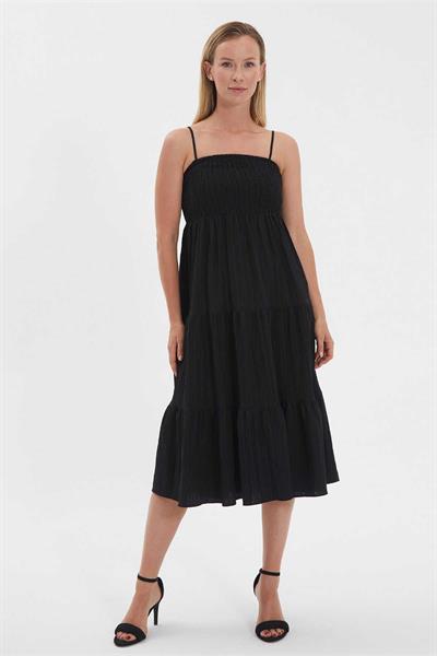 Eteği Volanlı Üstü Lastikli Askılı Elbise  /  SİYAH