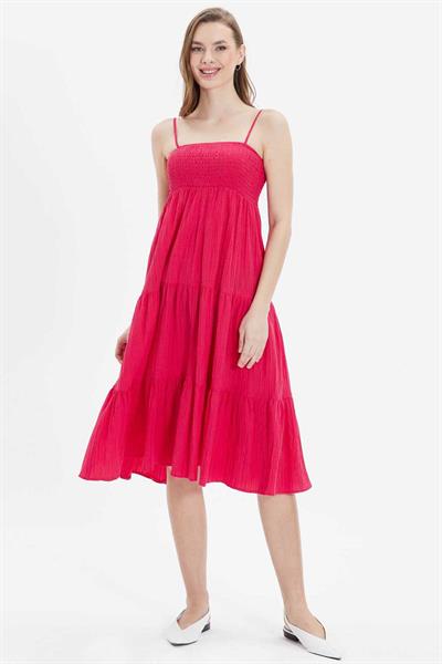 Eteği Volanlı Üstü Lastikli Askılı Elbise  /  FUŞYA