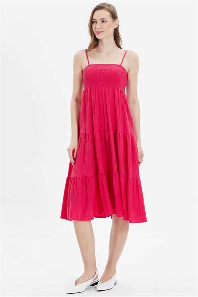 Eteği Volanlı Üstü Lastikli Askılı Elbise  /  FUŞYA