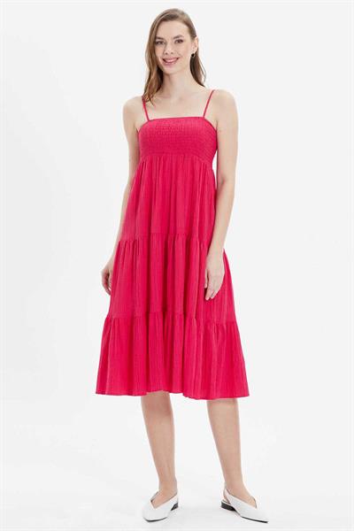 Eteği Volanlı Üstü Lastikli Askılı Elbise  /  FUŞYA