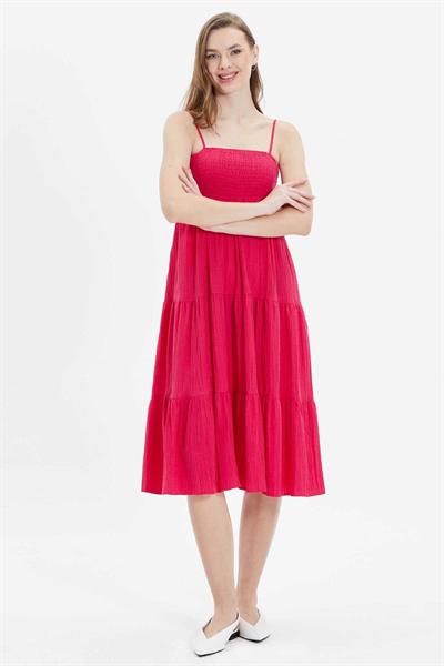 Eteği Volanlı Üstü Lastikli Askılı Elbise  /  FUŞYA