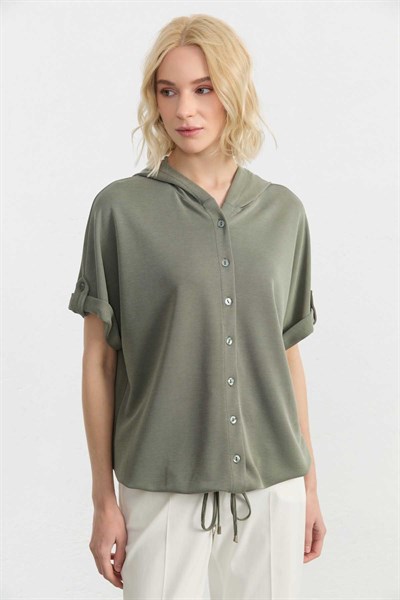 Etek Ucu Bağlamalı Kapüşonlu Kısa Kol Bluz  /  HAKİ